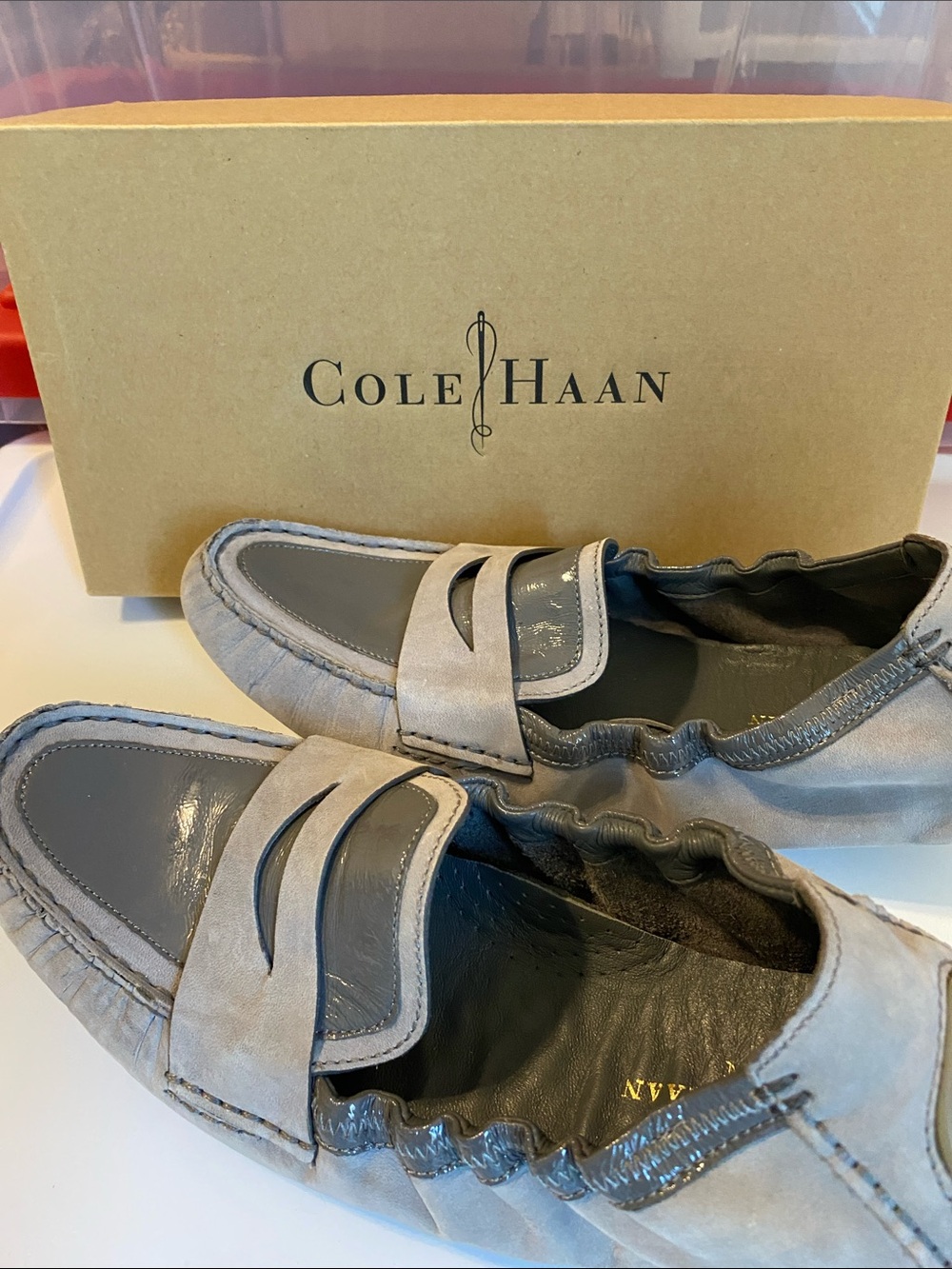 Cole Haan Women’s Grey Suede and Patent Leather Slip on Loafers 9 1/2